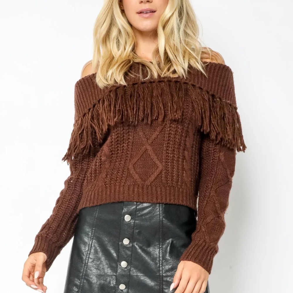 Fringe Off Shoulder Cable Knit Sweater